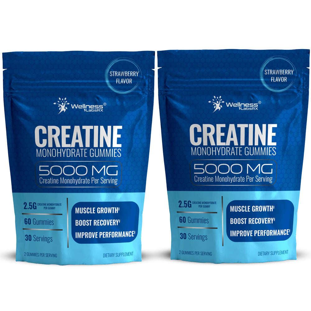 WELLNESS LABSRX Creatine Gummies bottle shows high-dose strawberry chewables for workouts and recovery.