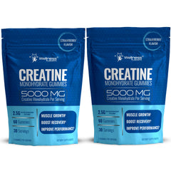WELLNESS LABSRX Creatine Gummies bottle shows high-dose strawberry chewables for workouts and recovery.