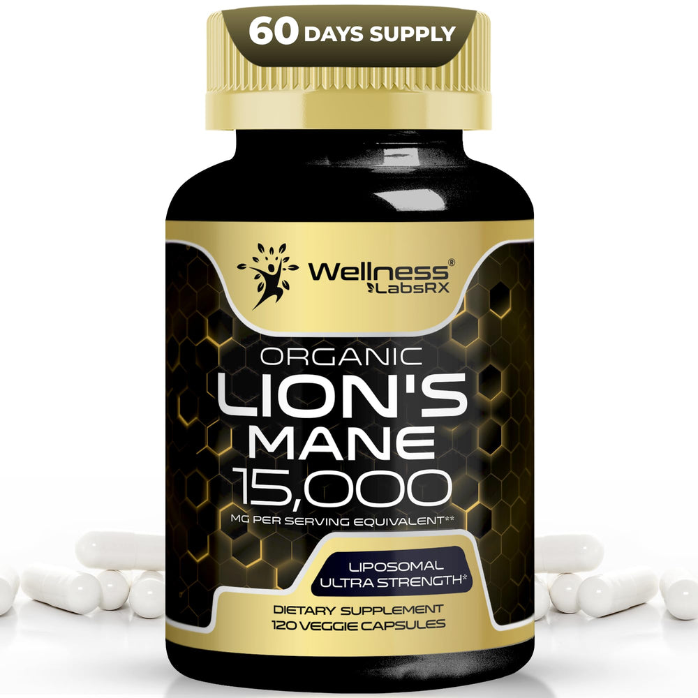 WellnessLabsRx Lions Mane bottle front promoting cognitive support and daily wellness.