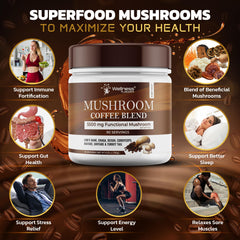 WELLNESS LABSRX Mushroom Coffee 10-mushroom blend close-up, featuring Lions Mane and Chaga.