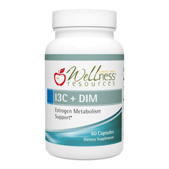 Wellness Resources I3C + DIM bottle with 60 capsules for estrogen metabolism support.