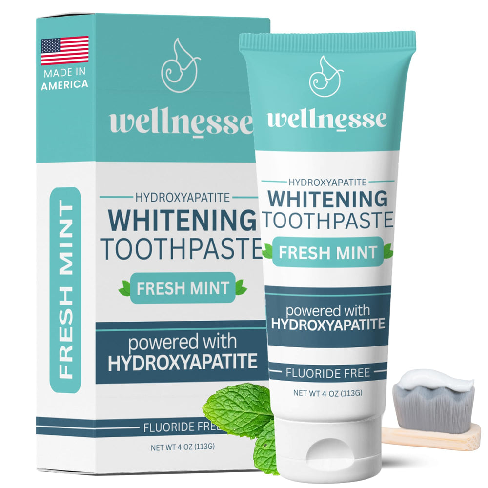 Wellnesse hydroxyapatite toothpaste tube highlights enamel care in a fluoride-free formula for daily brushing