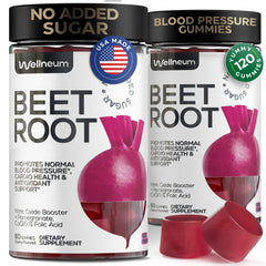 Wellneum Beet Root Gummies bottle front showing cherry flavor for daily cardiovascular support.