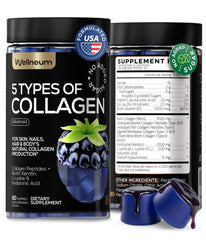 Wellneum collagen peptides gummies packaging displays 60 sugar-free gummies for daily use.
