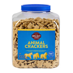 Wellsley Farms Animal Crackers tub closeup, light crunchy snack for kids