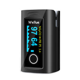 Wellue Fingertip Pulse Oximeter on finger showing quick wellness readings during workouts.
