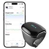 Wellue O2Ring-S sensor close-up showing precise, continuous SpO2 tracking on the finger.