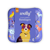 Welly Bandages with dog-pattern bravery badges on a bright tin for quick first aid.