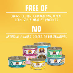 Weruva Classic Cat carrageenan-free formula label highlights gluten-free, corn-free, soy-free benefits.