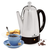 West Bend electric percolator front view showing sleek stainless body for everyday use
