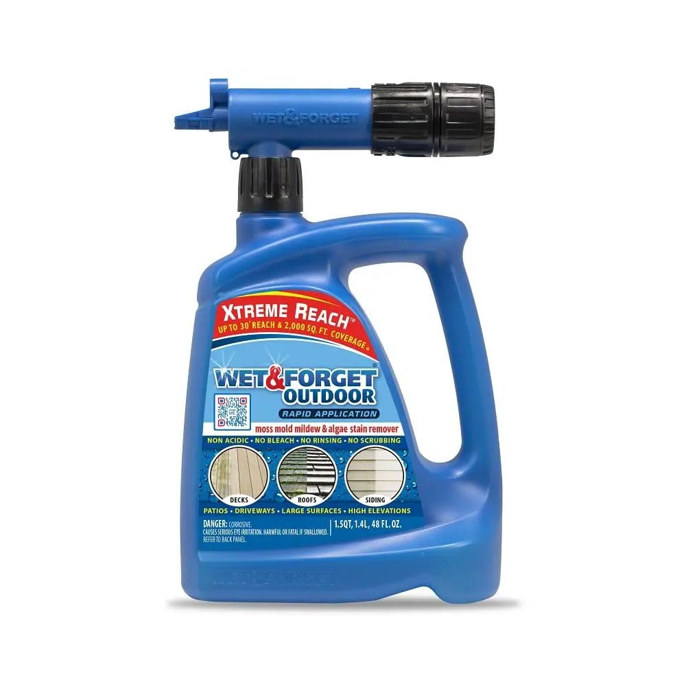 Wet & Forget Outdoor Cleaner with Xtreme Reach Nozzle cleans moss and algae on roofs and siding.