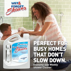 Wet & Forget Shower Cleaner on glass surface, helps prevent soap scum buildup.