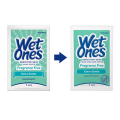 Wet Ones fragrance-free wipe close-up, gentle on sensitive skin for quick cleans.