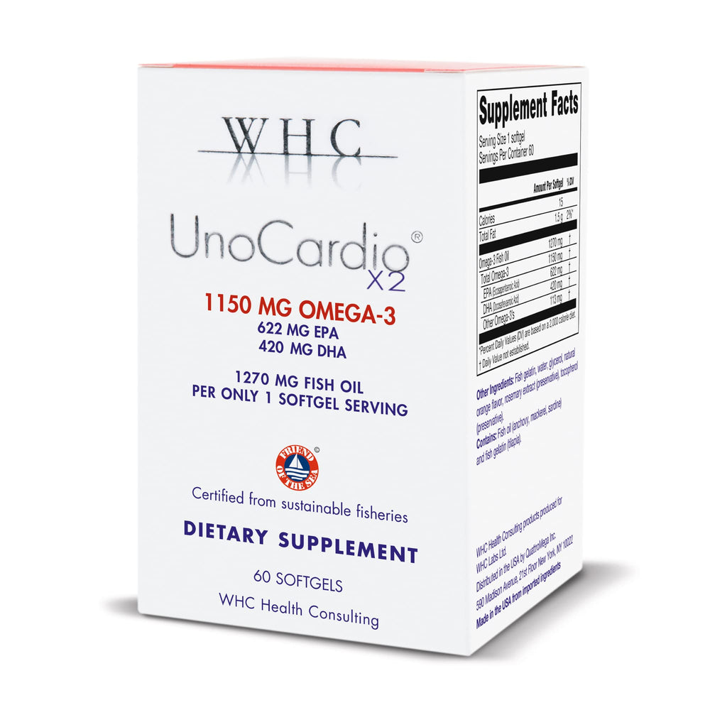 WHC UnoCardio X2 orange bottle highlights heart‑healthy omega‑3 formulation