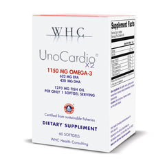 WHC UnoCardio X2 orange bottle highlights heart‑healthy omega‑3 formulation