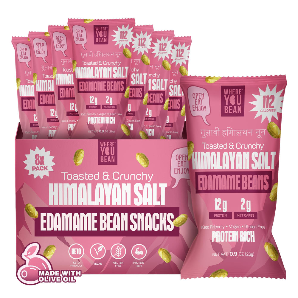 Where You Bean Edamame Snack Himalayan Salt pack of eight for on-the-go protein.