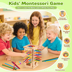 WhimsiPlay wooden tower provides sturdy balance for kids' strategic stacking games.
