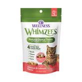Whimzees Wellness cat dental treats in a 2oz bag with chicken and salmon flavor for cats