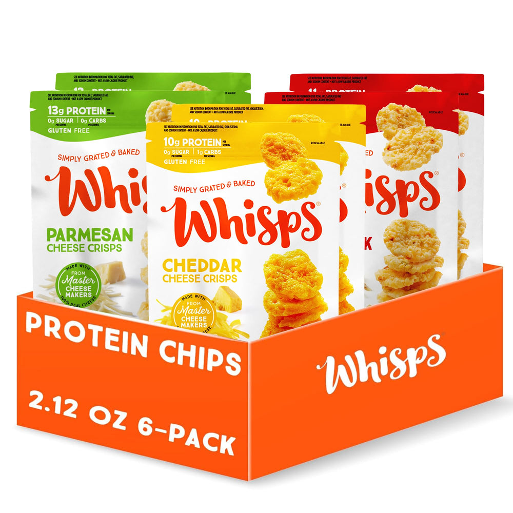 Whisps variety pack front view with four flavors for on the go snacking