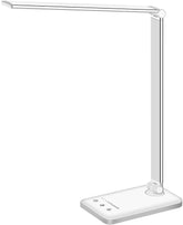 White Crown LED Desk Lamp turned on with even task lighting for reading