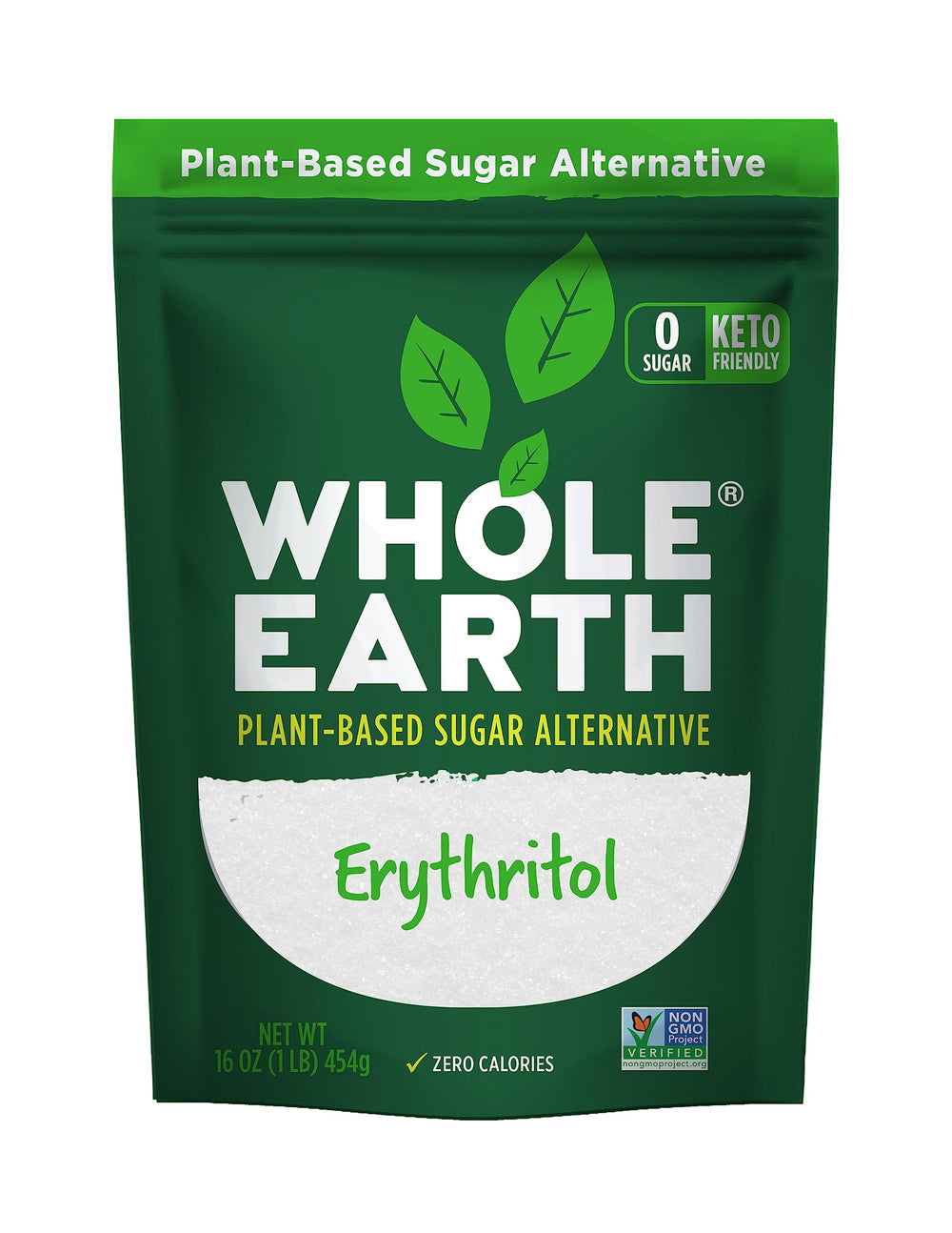 Whole Earth erythritol sweetener bottle pour offers zero-calorie sweetness for baking