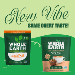 Whole Earth Monk Fruit Sweetener in a coffee cup highlighting easy coffee sweetness.