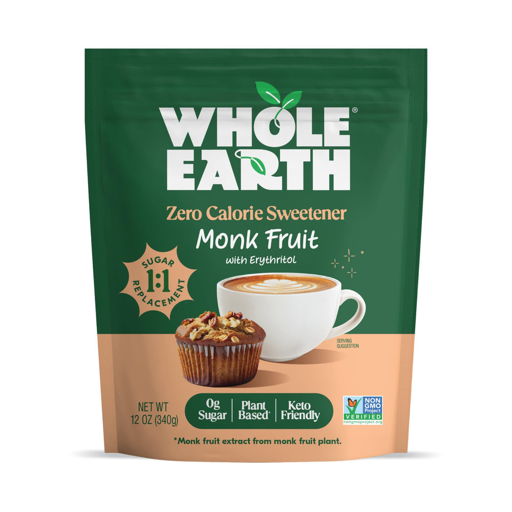Whole Earth Monk Fruit Sweetener pouch front view for convenient keto-friendly sweetness.