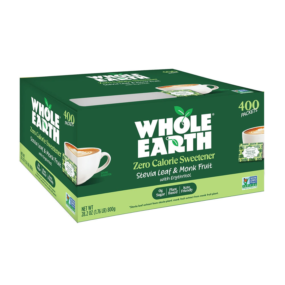 Whole Earth stevia and monk fruit packets on table for beverages