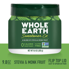 Whole Earth ingredients label highlights a four-ingredient stevia and monk fruit blend.