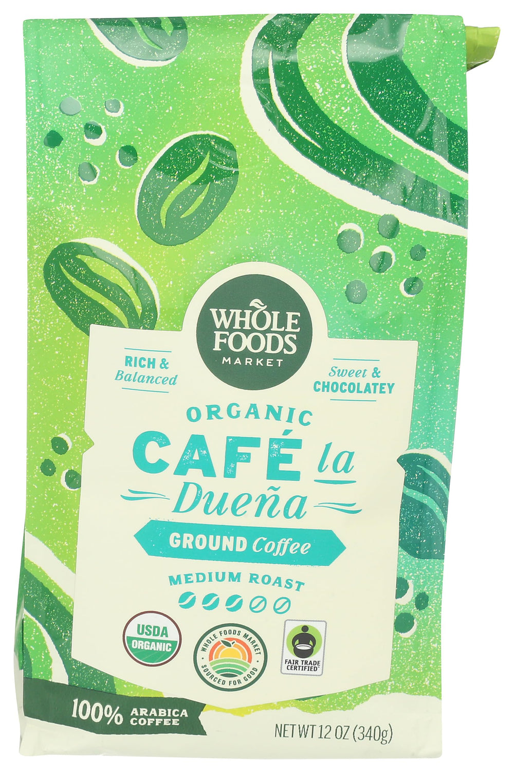 Whole Foods Market Café La Duena ground coffee bag radiates rich aroma for daily brew.