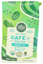 Whole Foods Market Café La Duena ground coffee bag radiates rich aroma for daily brew.
