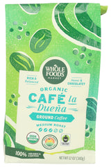 Whole Foods Market Café La Duena ground coffee bag radiates rich aroma for daily brew.