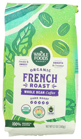 Whole Foods Market Dark French Roast bag with bold, smoky aroma for mornings