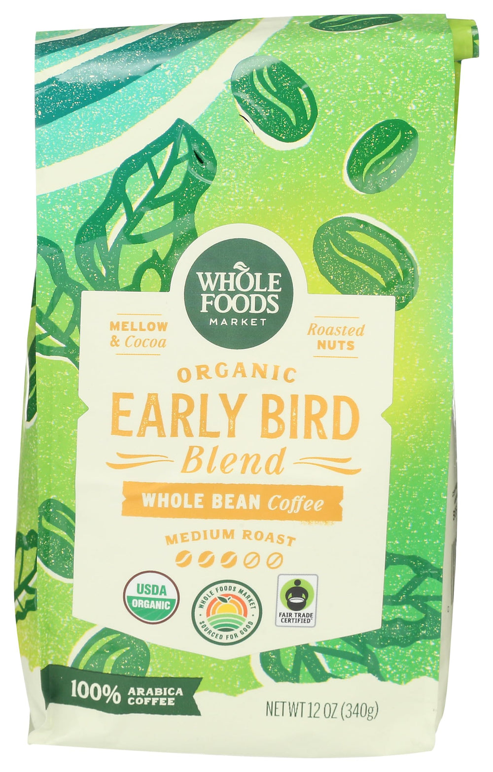 Whole Foods Market Early Bird Blend coffee bag highlighting cocoa and roasted nut notes for a cozy morning.