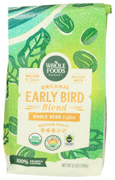 Whole Foods Market Early Bird Blend coffee bag highlighting cocoa and roasted nut notes for a cozy morning.