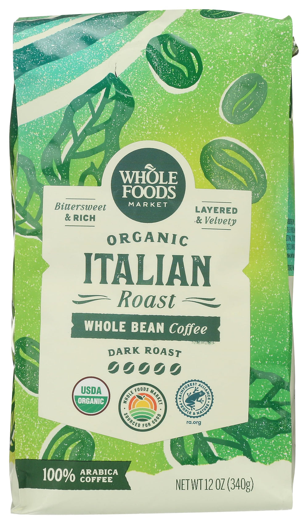 Whole Foods Market organic coffee dark Italian roast bag, rich aroma for daily brewing.