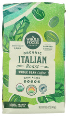 Whole Foods Market organic coffee dark Italian roast bag, rich aroma for daily brewing.