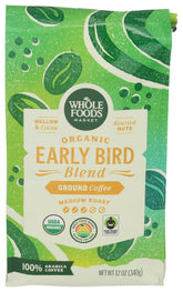 Whole Foods Market Organic Early Bird Blend bag on kitchen counter, ready for quick mornings.