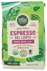 Whole Foods Market Organic Espresso Bel Canto beans show premium quality for everyday espresso