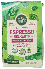 Whole Foods Market Organic Espresso Bel Canto beans show premium quality for everyday espresso