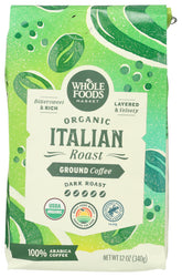 Whole Foods Market Organic Ground Coffee Dark Italian Roast bag for convenient at-home brewing.