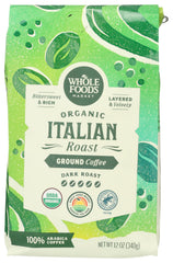 Whole Foods Market Organic Ground Coffee Dark Italian Roast bag for convenient at-home brewing.