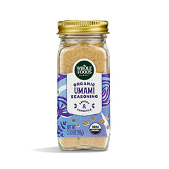 Whole Foods Market organic umami seasoning bottle for enhancing soups and marinades.
