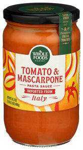 Whole Foods Market Tomato & Mascarpone Pasta Sauce jar front, ideal for quick weeknight pasta
