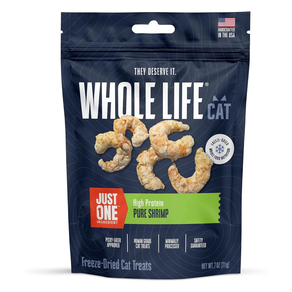Whole Life Pet Just One Shrimp front label showing single-ingredient protein snack for cats.