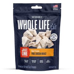 Whole Life Just One Chicken cat treats in freeze-dried form highlighting single-ingredient nutrition
