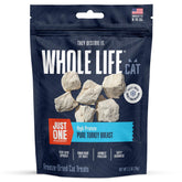 Packaging close-up of Whole Life Pet Just One Turkey cat treats, USA-made freshness