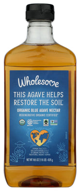 Wholesome Blue Agave Nectar bottle being poured, a natural sweetener ideal for beverages.