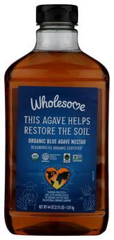 Wholesome Blue Agave Syrup bottle 44oz for natural sweetness in coffee, tea, and beverages.