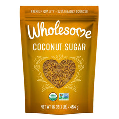 Wholesome Coconut Sugar bag front shows pure coconut palm sugar for baking.